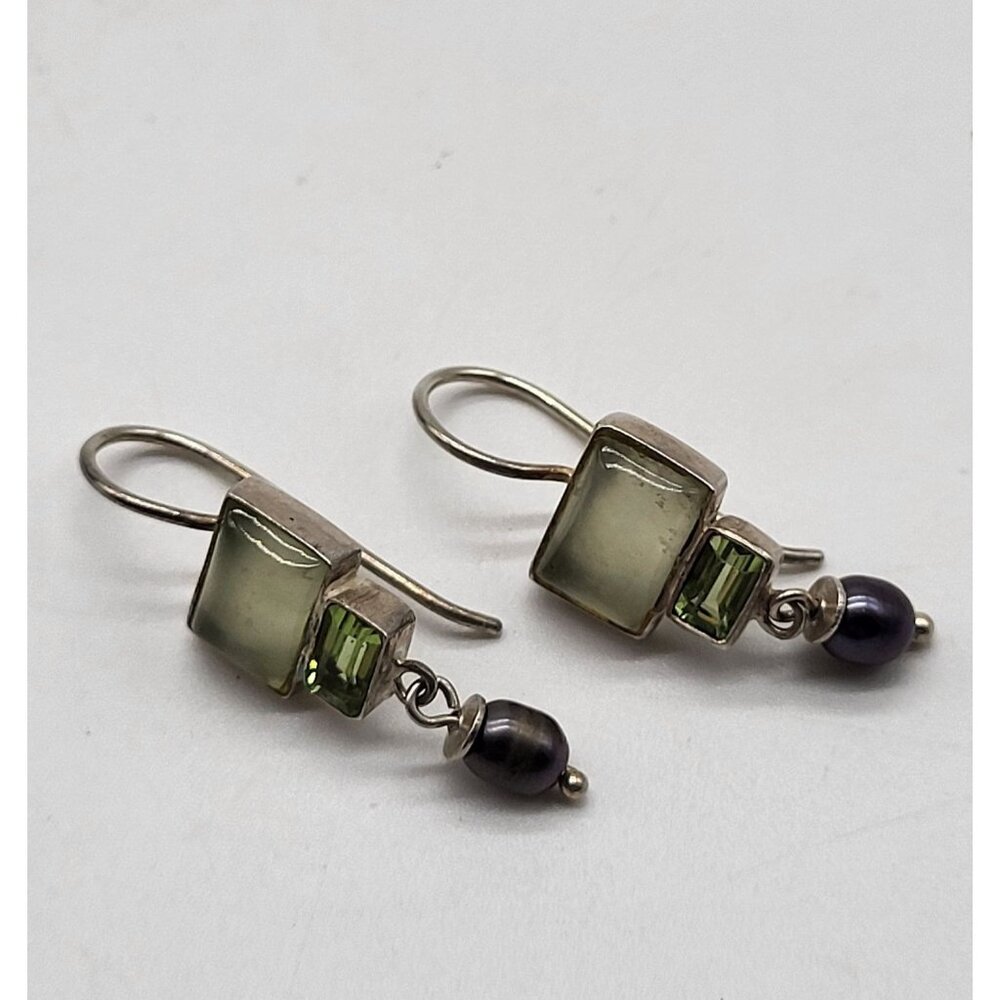 VTG 925 Sterling Silver Earrings Dangle Drop Green Gemstones Pearl Dainty - Picture 2 of 8